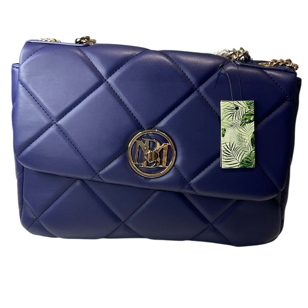 Badgley Mischka Navy Quilted Letter Lock Shoulder Hand Bag